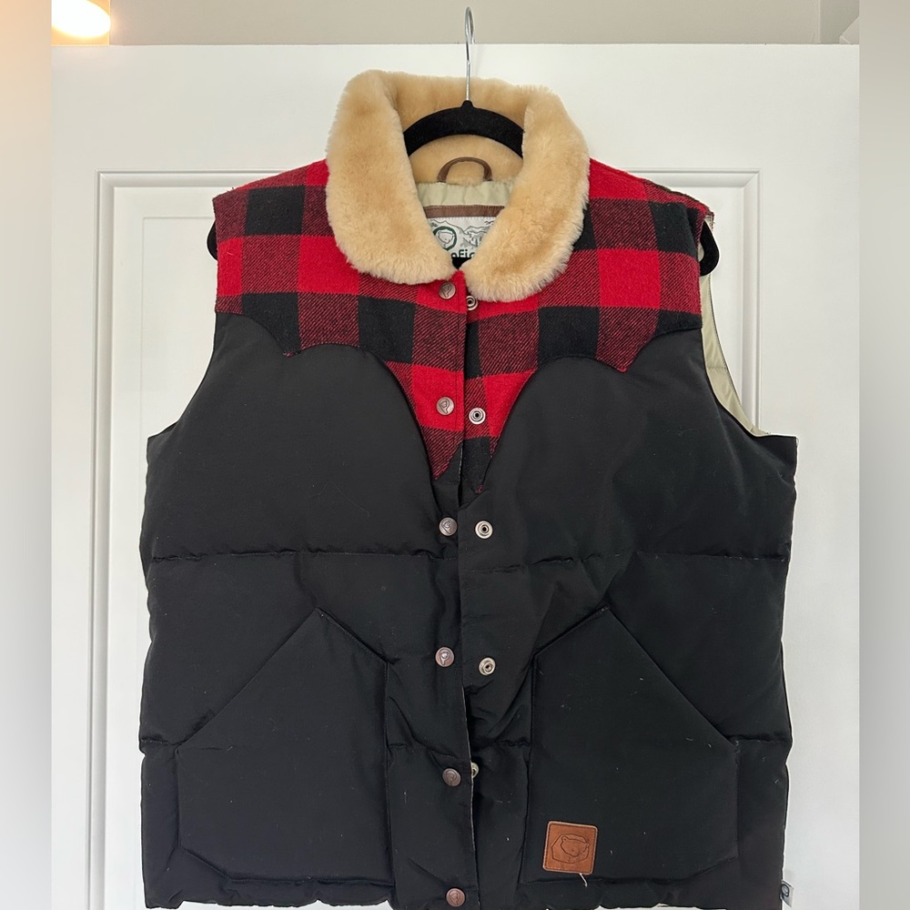 Penfield buffalo check puffer vest with shearling collar